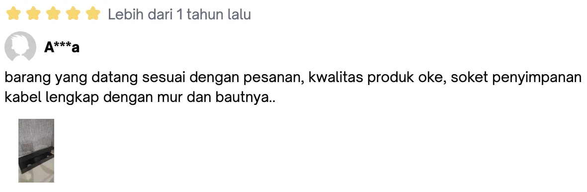 Ulasan bintang 5 dari A***a: “barang yang datang sesuai dengan pesanan, kwalitas produk oke, soket penyimpanan kabel lengkap dengan mur dan bautnya..”